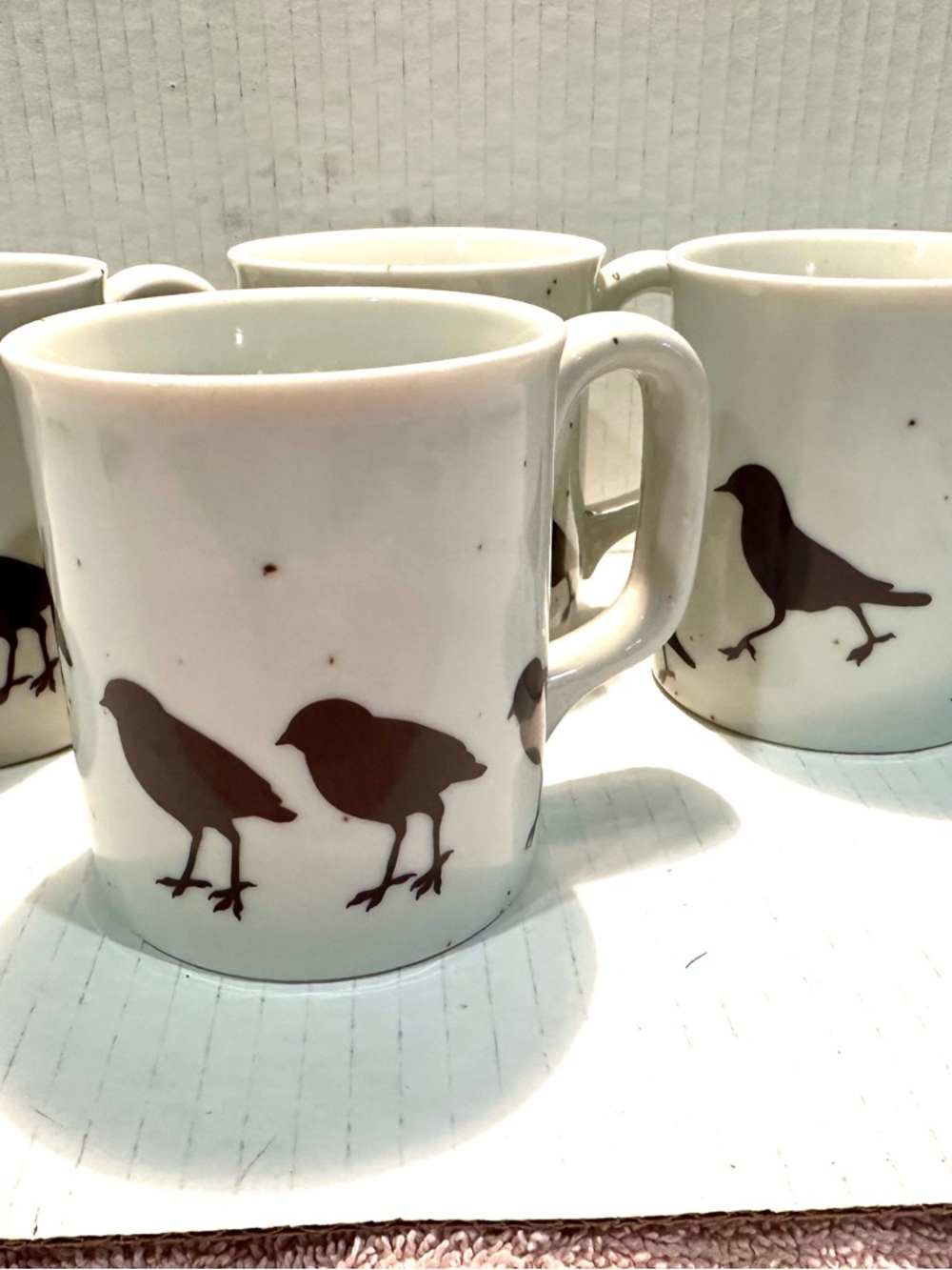 New Asahi White Ceramic Mugs with Brown Bird Silhouettes - Set of 4